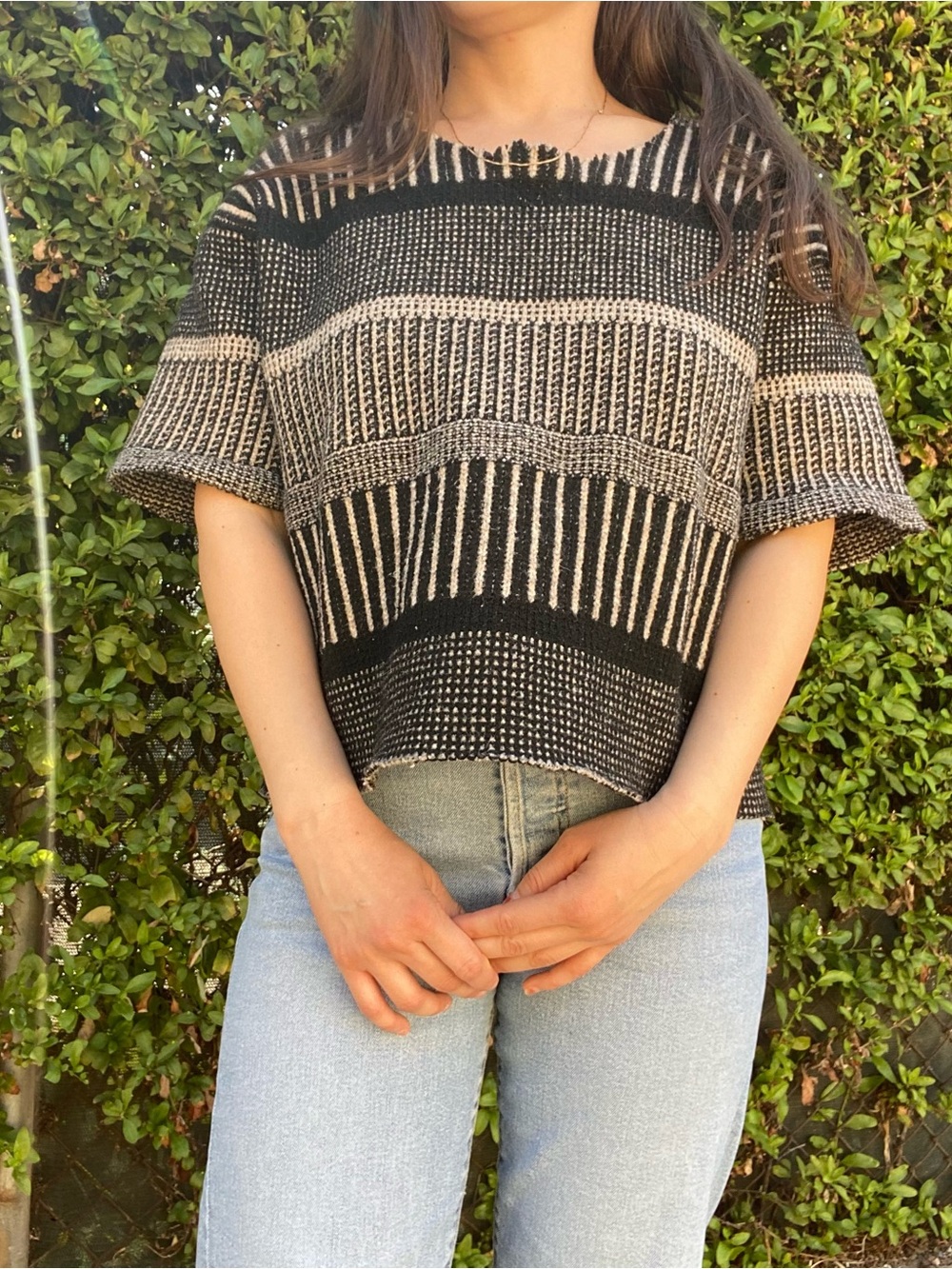 Hollister Black and Cream Striped Knit Top